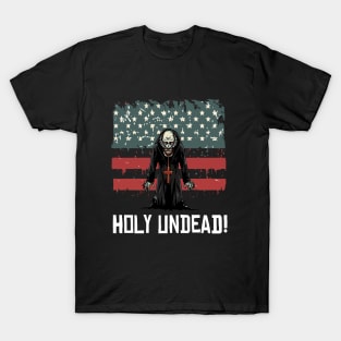 Scary Halloween Zombie Priest Preacher Happy 4th Usa American Flag July Fourth T-Shirt